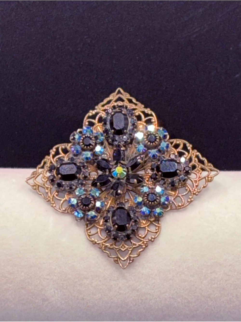 Vintage Liz Palacios SF Black AB Crystal Filigree Brooch Pin Gothic - Picture 2 of 6